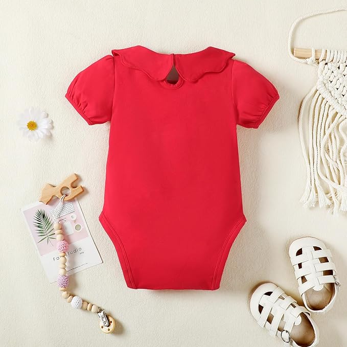 0-24M Infant Girls Ruffle Collar Romper Baby Girl Solid Color Bodysuit Casual Jumpsuit (Red short, 3-6 Months)
