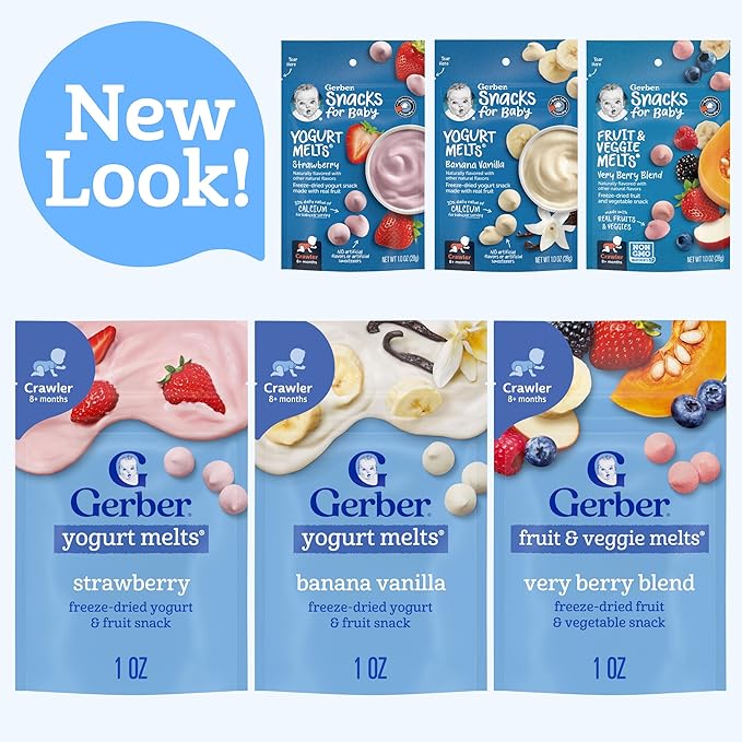 Gerber Stage 3 Baby Food Snacks, Strawberry, Banana Vanilla Yogurt Melts, Very Berry Fruit and Veggie Melts, Baby Led Feeding, 8-Pack