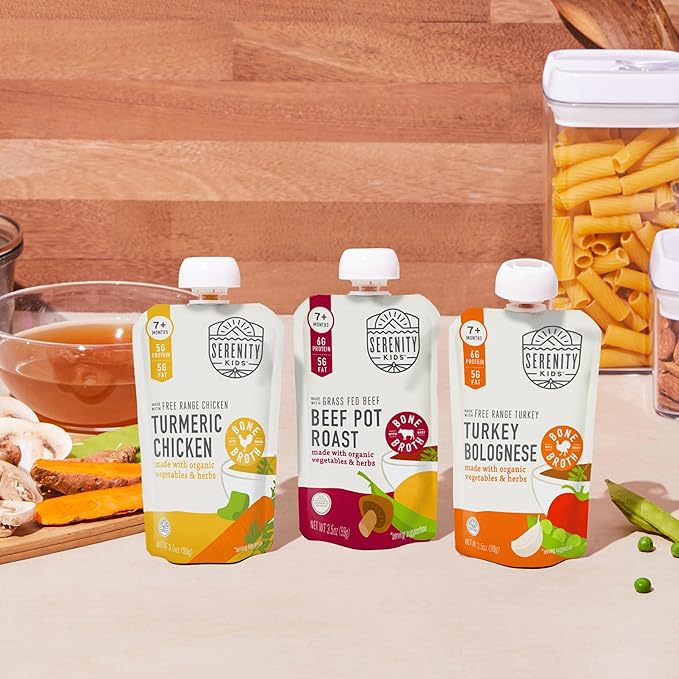 Serenity Kids 7+ Months Bone Broth Baby Food Pouches - Organic Veggies & Meat Blends for Toddler Food - High-Protein Savory Puree for Toddler Meals - No Added Sugar Baby Snacks - 3.5 Oz, 6 Pack