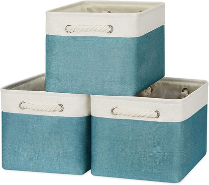 Bidtakay Basket Storage Bins with Handles Fabric Large Storage Baskets for Organizing Set of 3 Collapsible Rectangular Basket for Shelves Closet Organizer 15 X 11 X 9.5 Inches(White&Teal Blue)