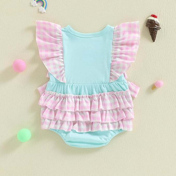 Newborn Outfits Baby Girl Clothes Summer Fly Sleeve Ice Cream Embroidery Romper Plaid Bow Ruffle Bodysuit Jumpsuit