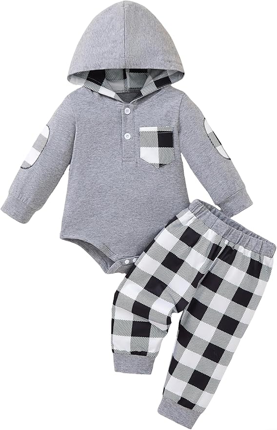 Baby Boy Clothes Long Sleeve Hoodie Romper and Plaid Pants Set Fall Winter Baby Boy Outfit 0–18 Months