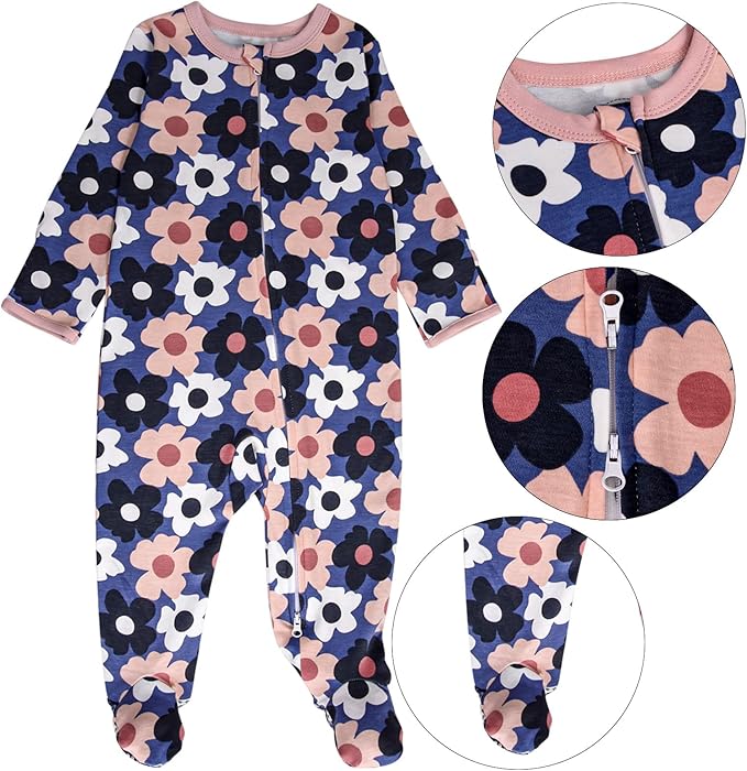 Baby Footed Pajamas with Mitten Cuffs - 3 Pcs Girls Boys Footie Sleeper Newborn, Zipper Footies Sleep 'n Play