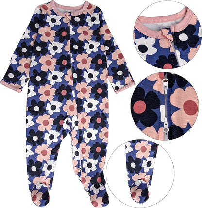 Baby Footed Pajamas with Mitten Cuffs - 3 Pcs Girls Boys Footie Sleeper Newborn, Zipper Footies Sleep 'n Play