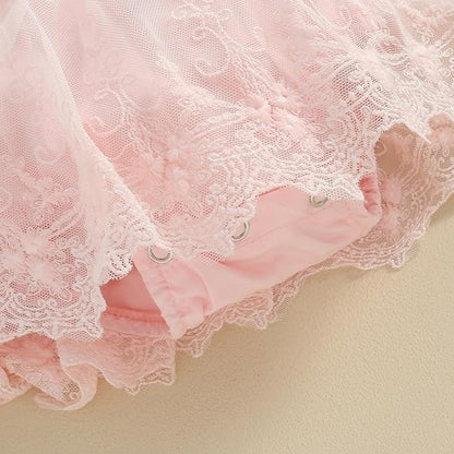 Infant Baby Girl Lace Romper Baby Tulle Dress Romper Flowers Bodysuit Spring Summer Festival Clothes with Headband