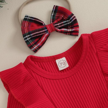 Hnyenmcko Newborn Baby Girl Christmas Clothes Infant Red Plaid Romper Dress Ruffle Long Sleeve Ribbed Bodysuit Headband Set