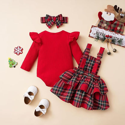 Hnyenmcko Newborn Baby Girl Christmas Clothes Infant Red Plaid Romper Dress Ruffle Long Sleeve Ribbed Bodysuit Headband Set
