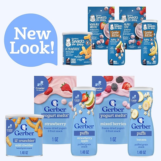 Gerber Strawberry Yogurt Melts, Mixed Berries Yogurt Melts, Banana Puffs, Strawberry Apple Puffs, Mild Cheddar Lil' Crunchies, 9-Pack