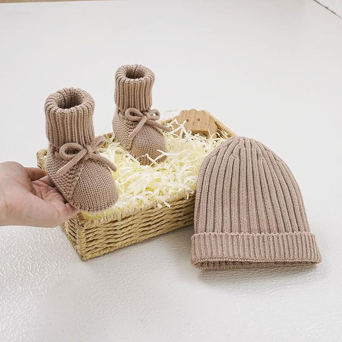 Opewod Baby Hat Booties Set Newborn First Walkers Cozy Socks Shoes Warm Knit Booties Soft Cap for Toddler Infant Boy Girl