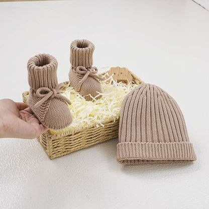 Opewod Baby Hat Booties Set Newborn First Walkers Cozy Socks Shoes Warm Knit Booties Soft Cap for Toddler Infant Boy Girl