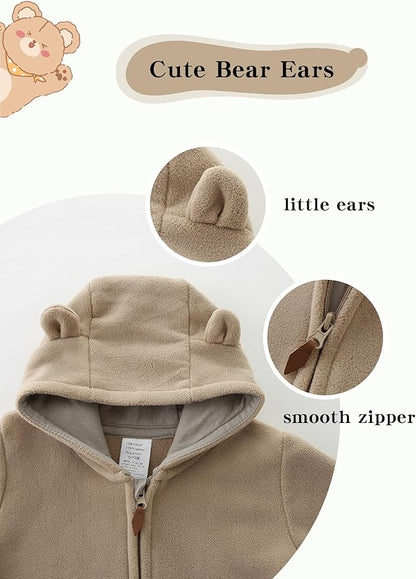 Newborn Baby Bear Onesie Winter Snowsuit With Fold-over Mittens & Footies Zip Up Baby Fleece Jumpsuit 0-18M