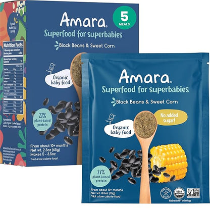 Amara Organic Baby Food - Stage 3 - Black Bean & Sweet Corn - Baby Cereal to Mix With Breastmilk, Water or Baby Formula - Shelf Stable Baby Food Pouches Made from Organic Veggies - 5 Pouches, 3.5oz Per Serving