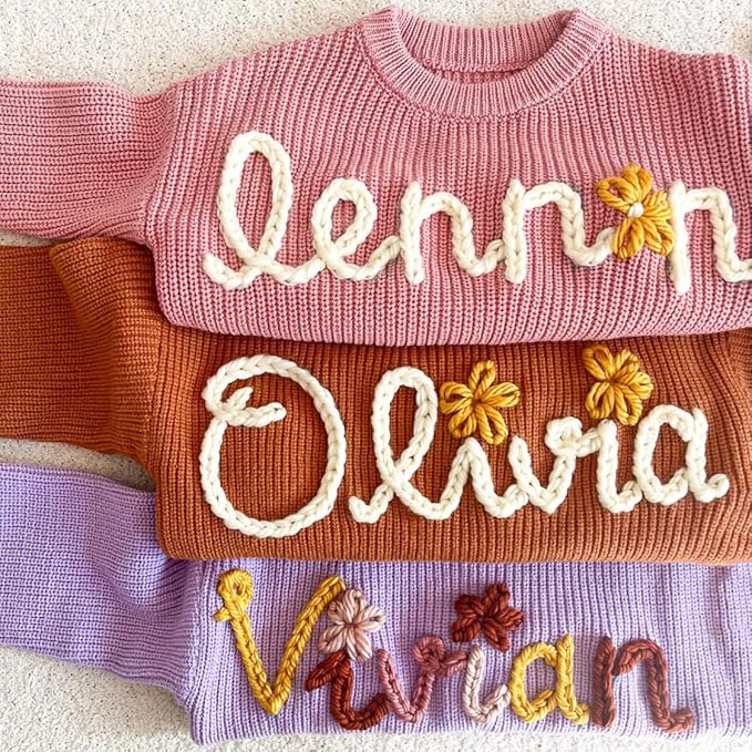 Personalized Hand Embroidered Knit Name Jumper, Custom Infant Christmas Sweater, Chunky Oversized Kids Sweater Multi