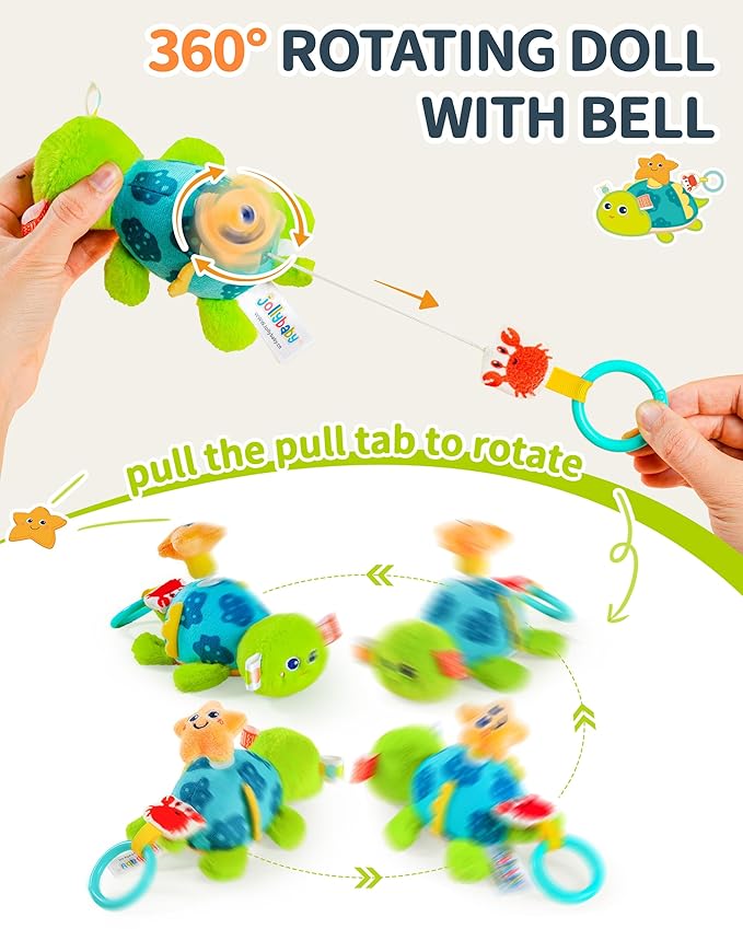 Jollybaby Baby Rattles & Soft Plush Hanging Toy for Stroller Crib car seat and Play Gym, Sensory Developmental Vibrating Toys for Newborn, Baby Christmas Stocking/Socks Stuffers Gifts - Turtle