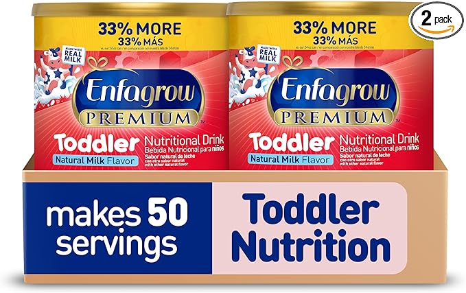 Enfagrow Premium Toddler Nutritional Drink, Made with Real Milk, Brain-Building Omega-3 DHA, Nutrients and Prebiotics for Growth & Immune Support, Non-GMO, Toddler Milk Powder, 32 Oz Can (Pack of 2)