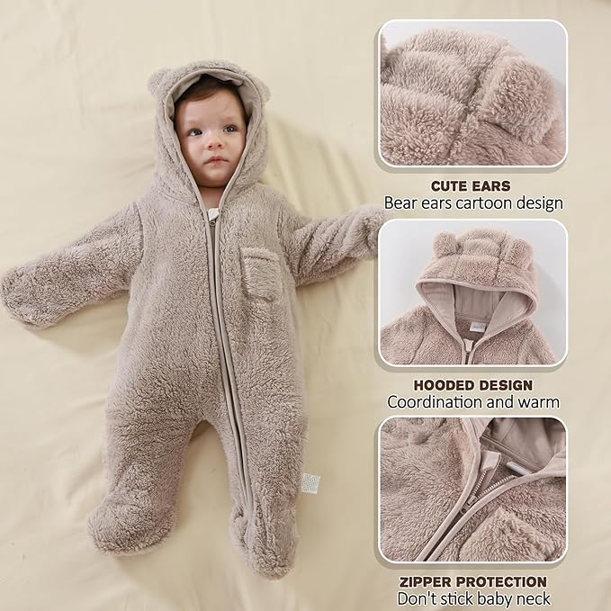 Newborn Baby Bear Outfit With Fold-Over Mittens and Footies Girls Boys Winter Fleece Clothes Hooded Romper Snowsuit