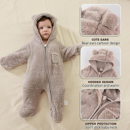 Newborn Baby Bear Outfit With Fold-Over Mittens and Footies Girls Boys Winter Fleece Clothes Hooded Romper Snowsuit