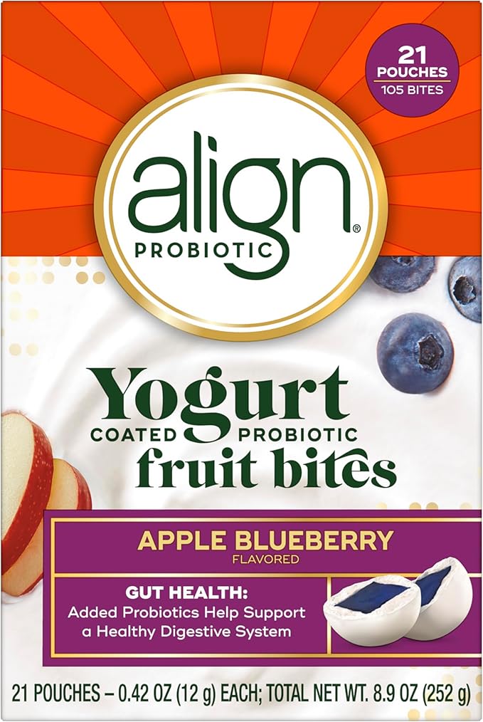Align Probiotic, Yogurt Coated Probiotic Fruit Bites, Helps Support Digestive Health, From the Maker of the #1 Doctor Recommended Probiotic Brand‡, Apple Blueberry Flavor, 21 Pouches