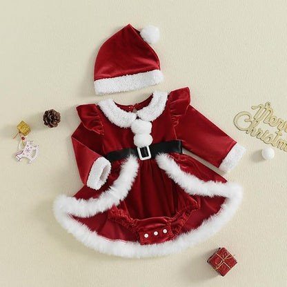 Newborn Infant Baby Girl Christmas Clothes Santa Claus Romper Dress Fur Trim Velvet Jumpsuit Bodysuit Hat Costume