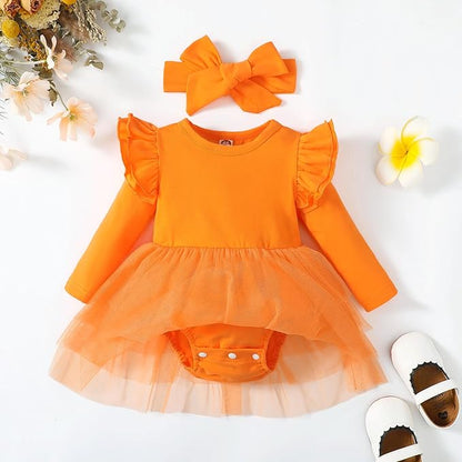 Baby Girl Clothes Infant Ruffle Sleeve Romper Dress Newborn Solid Tutu Skirt Sets Jumpsuit Headband Outfit