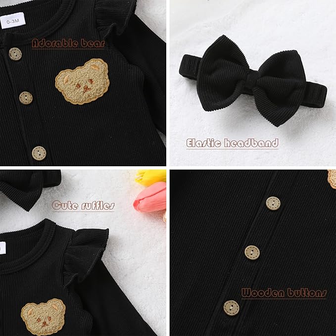 Newborn Baby Girl Cute Bear Ruffle Long Sleeve Jumpsuit Ribbed Bodysuit One-Piece Button Romper with Headband 0-18M