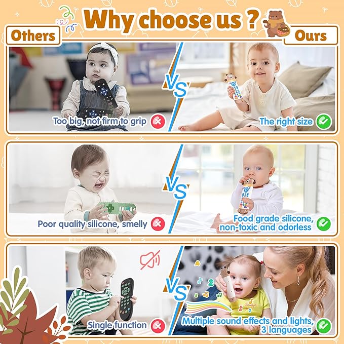 Baby Remote Control Toy with Silicone Teether, Realistic Lights & Sounds, 3 Languages (English, Spanish & French), Baby Musical Toys Gifts for Boys Girls 6 Month+