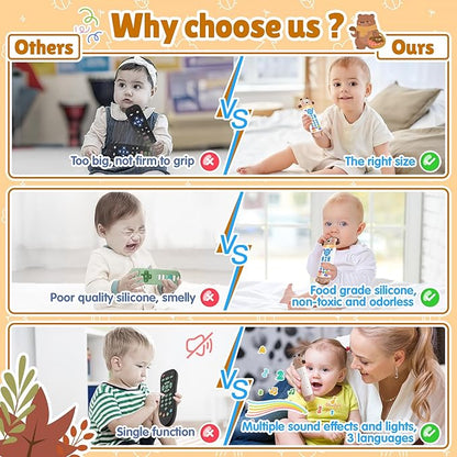 Baby Remote Control Toy with Silicone Teether, Realistic Lights & Sounds, 3 Languages (English, Spanish & French), Baby Musical Toys Gifts for Boys Girls 6 Month+