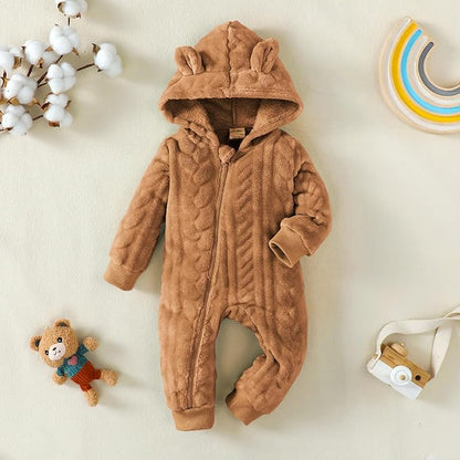 Saeaby Newborn Baby Girl Boy Clothes Fall Winter Infant Long Sleeve Fleece Jumpsuit Romper Hooded Baby Snowsuit Bear Outfit