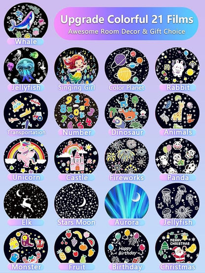 21 Sets of Films, Projector Night Light for Kids Bedroom, Ceiling, Baby Night Light Projector, Star Galaxy Projector for 1-14 Years Old Baby Girls with 360° Rotation for Christmas, Nursery, Room Decor