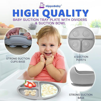 Baby Led Weaning Supplies | 10 Piece Silicone Feeding Set | Baby Toddler Bib Cup Divided Plate and Bowl Self Feeding Spoons Dish Set | Baby Utensils | Toddler Feeding Supplies (Cloud)