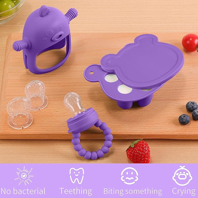 Baby Fruit Food Feeder Breastmilk Popsicle Molds for Teething Relief - 3 Pack Feeding Sets - 1 Freezer Tray with Lid & 1 Teether & 1 Silicone Pacifier + 3 Extra Sizes Infant Feed Mesh (Purple)