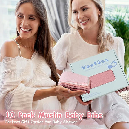 Yoofoss Muslin Baby Bibs 10 Pack 100% Organic Cotton 6-Layer Soft Absorbent Drool Bandana Baby Bibs for Drooling and Teething for Boys and Girls, Gradient Pink