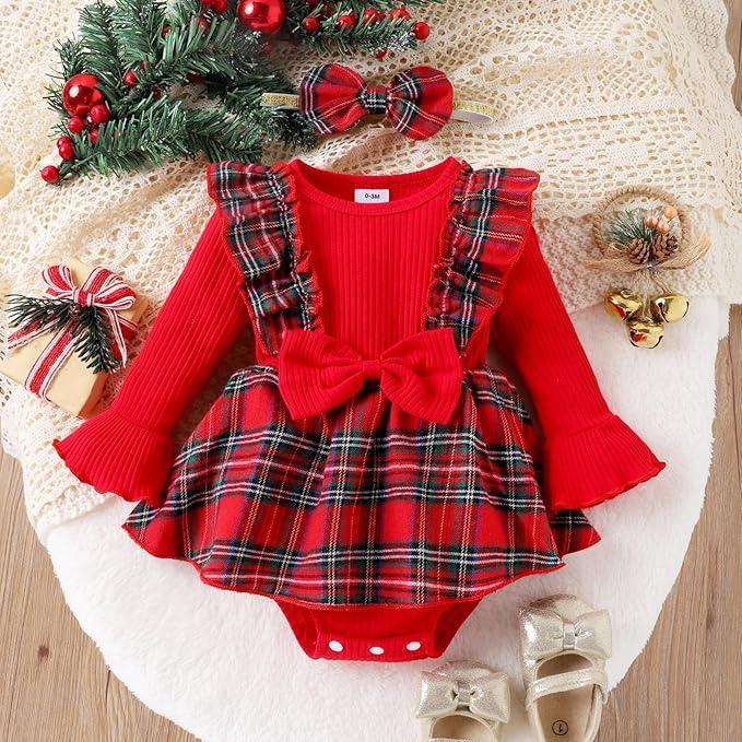Newborn Christmas Outfit Baby Girl Plaid Romper Dress Infant Ruffle Long Sleeve Ribbed Bodysuit Headband Clothes
