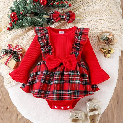 Newborn Christmas Outfit Baby Girl Plaid Romper Dress Infant Ruffle Long Sleeve Ribbed Bodysuit Headband Clothes