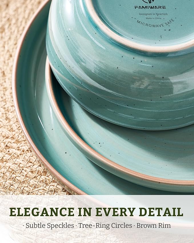 Famiware Meteor Plates and Bowls Sets for 4, 12 Pieces Dinnerware Sets, Microwave and Dishwasher Safe Dishes Set, Peacock Green
