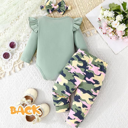 GDTOGRT Newborn Baby Girl Clothes Outfit Set Sweet Ruffle Romper, Pants and Headband 0 3 6 9 12 18 Months Infant Clothing