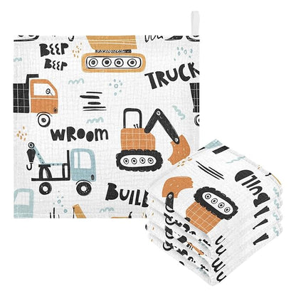 vvfelixl Baby Muslin Washcloths, Building Equipment Construction Transpor Baby Burp Cloths, Cotton Baby Face Towel for Newborn Infants Boys Girls Soft and Absorbent 11.8 X 11.8 in, 3 Pack