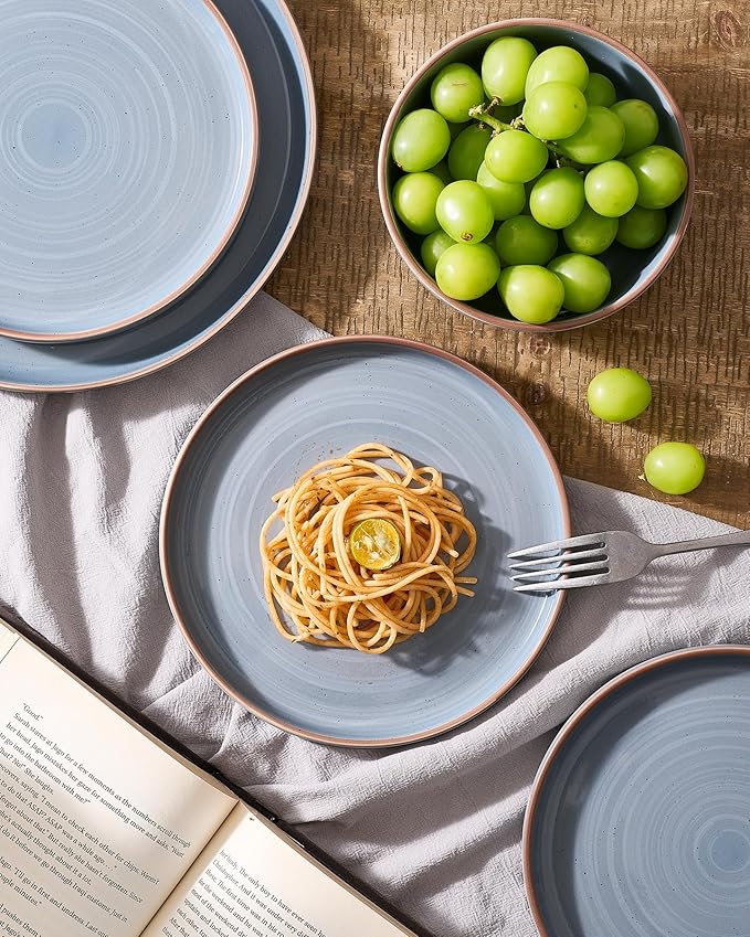 Famiware Meteor Plates and Bowls Sets for 4, 12 Pieces Dinnerware Sets, Microwave and Dishwasher Safe Dishes Set, Blue Gray