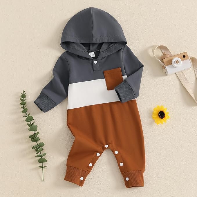 BemeyourBBs Newborn Baby Boy Clothes Color Block Long Sleeve Zipper Hooded Romper with Pocket Fall Winter One Piece Outfits