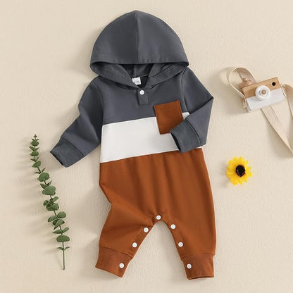 BemeyourBBs Newborn Baby Boy Clothes Color Block Long Sleeve Zipper Hooded Romper with Pocket Fall Winter One Piece Outfits