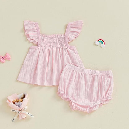 Mubineo Baby Girl Summer Clothes Cute Ruffle Tops Dress Shorts Outfits Set Infant Toddler Shrit Bloomers Princess Outfit