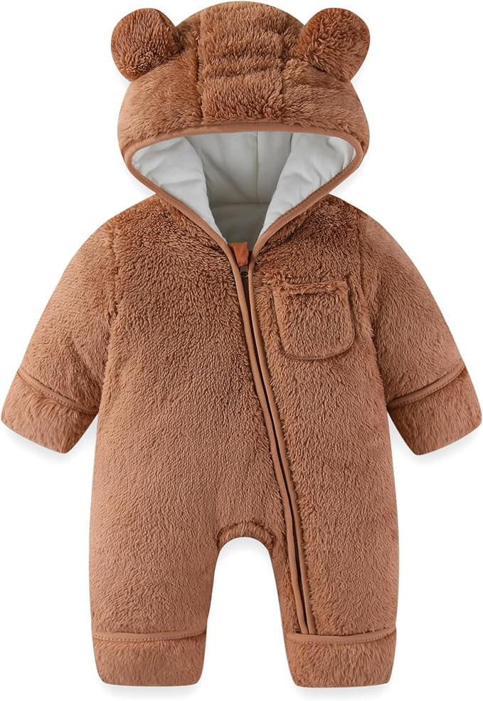 Newborn Baby Bear Outfit With Fold-Over Mittens and Footies Girls Boys Winter Fleece Clothes Hooded Romper Snowsuit