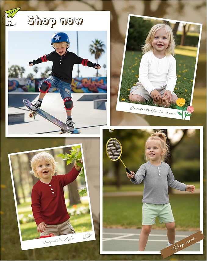 4 Pack Boys' Long Sleeve Shirts Girls' Henley Tees Toddler Baby Knit Casual Tops Kids Fall Clothes Unisex