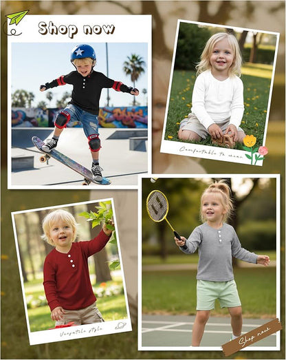 4 Pack Boys' Long Sleeve Shirts Girls' Henley Tees Toddler Baby Knit Casual Tops Kids Fall Clothes Unisex