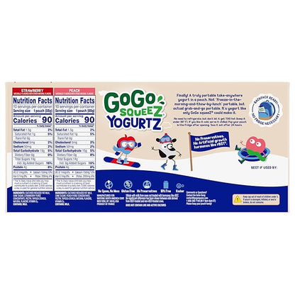 GoGo squeeZ YogurtZ Variety Pack, Strawberry & Peach, 3 oz (Pack of 20), Kids Snacks Made with Real Yogurt and Fruit, No Fridge Needed, Gluten Free, Nut Free, Recloseable Cap, BPA Free Pouches