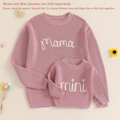 Mommy and Me Sweater Matching Family Outfit Long Sleeve Knit Sweater Pullover Mom and Baby Clothes