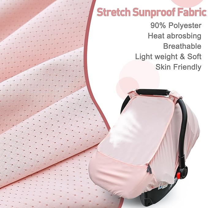 Baby Car Seat Cover,Sunproof Car Seat Canopy for Babies, Extra Large Mesh Window Baby Car Seat Sun Shade Cover, Infant Carseat Covers for Summer/Autumn Use(Pink)