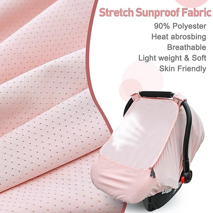 Baby Car Seat Cover,Sunproof Car Seat Canopy for Babies, Extra Large Mesh Window Baby Car Seat Sun Shade Cover, Infant Carseat Covers for Summer/Autumn Use(Pink)