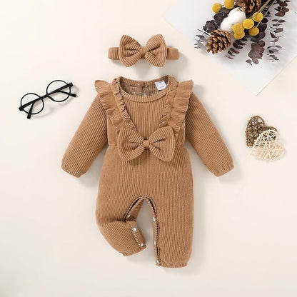 Happy Town Baby Girl Romper Infant Fall Winter Clothes Ruffle Sweater Long Sleeve Bodysuit Jumpsuit and Headband