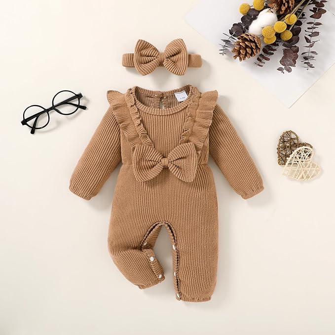 Happy Town Baby Girl Romper Infant Fall Winter Clothes Ruffle Sweater Long Sleeve Bodysuit Jumpsuit and Headband